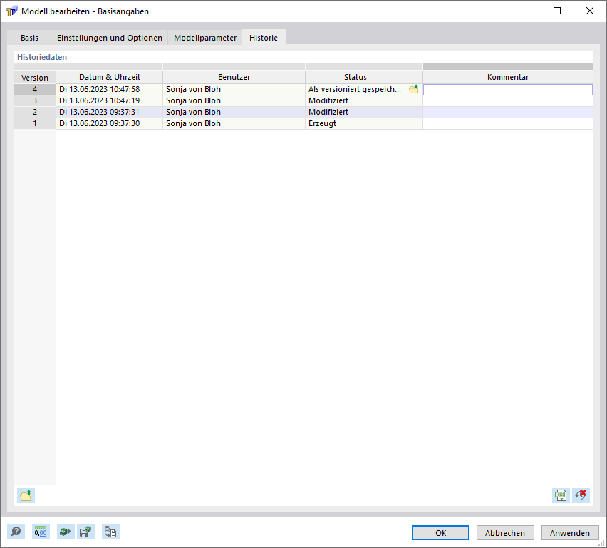 Dialog 'Modell bearbeiten - Basisangaben', Register 'Historie'