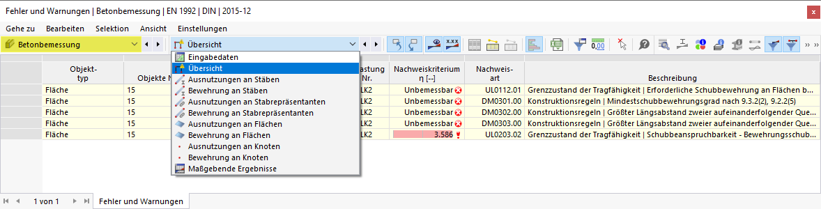 Ergebnistabellen für Betonbemessung