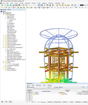 RFEM 6 | Softwarefenster zur FEA-Analyse mit komplexem Strukturmodell und vielseitigen Add-ons