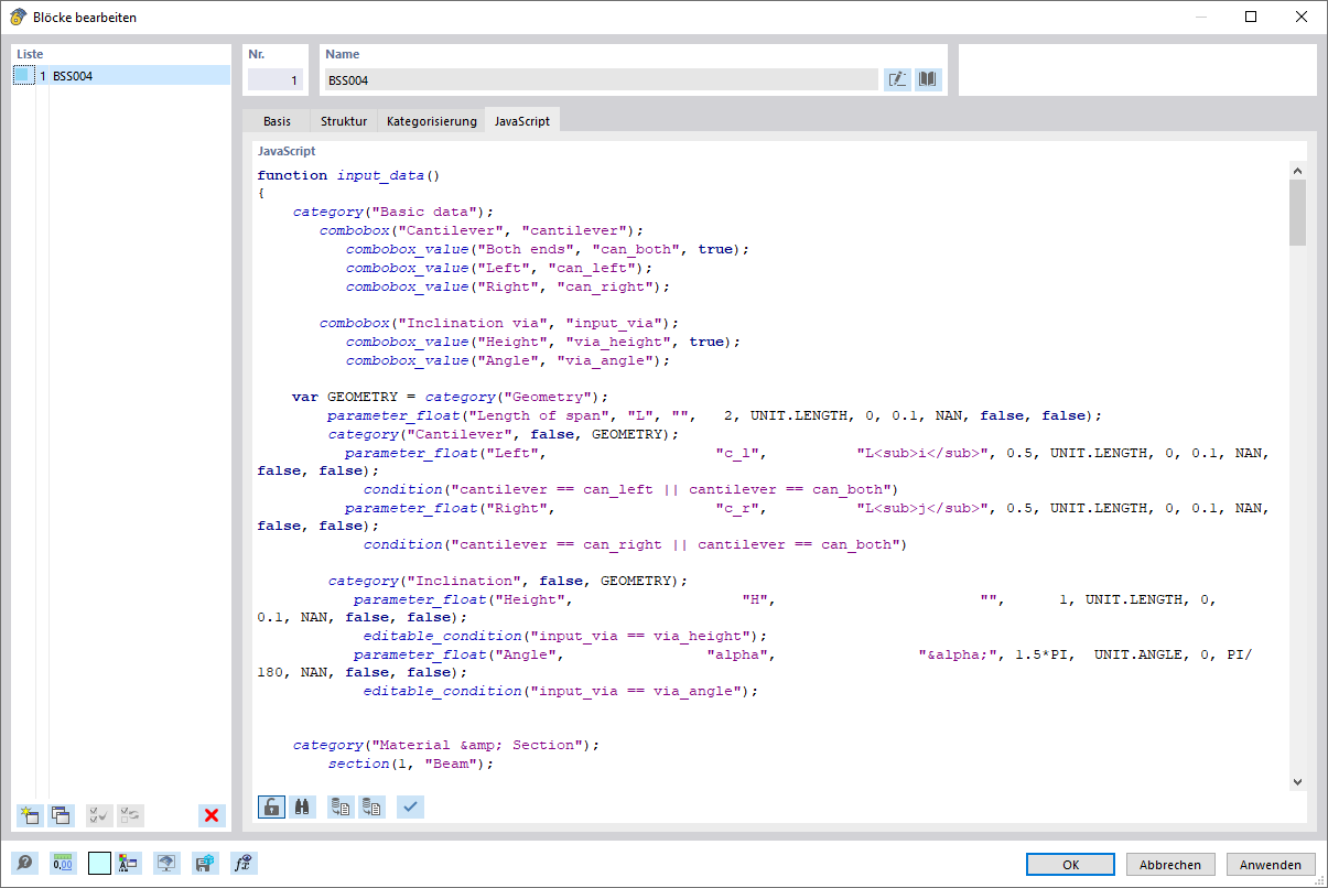 Dialog 'Blöcke bearbeiten', Register 'JavaScript'