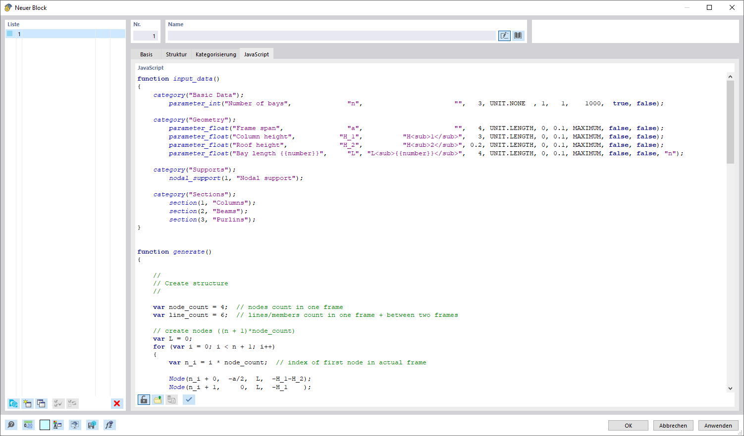 Dialog 'Blöcke bearbeiten', Register 'JavaScript'