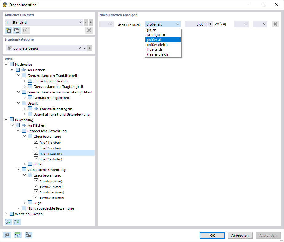 Filterkriterium für Bewehrungswerte an Flächen definieren