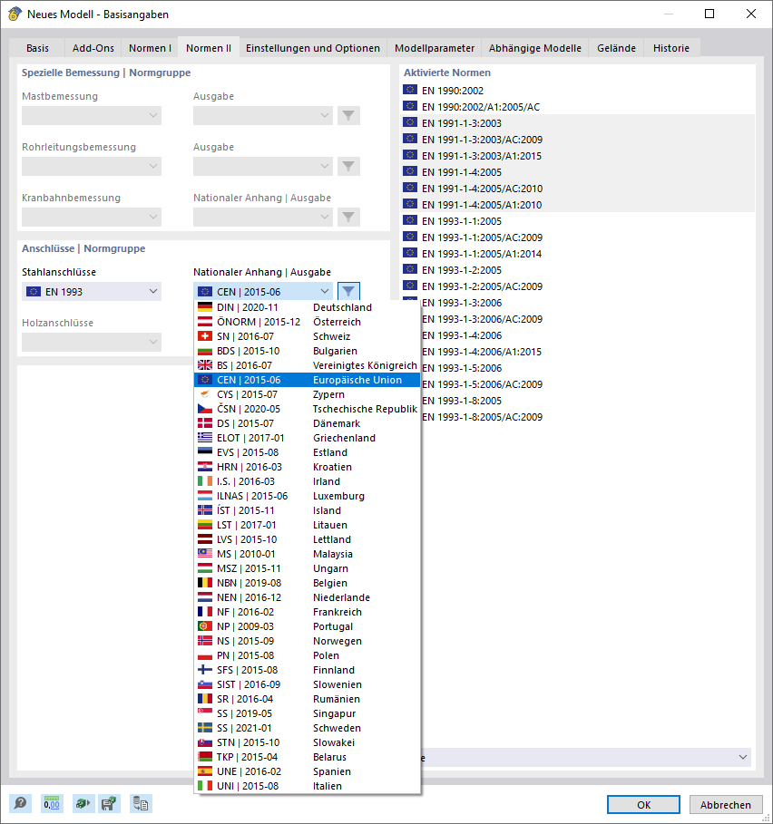 Norm und Nationalen Anhang für die Stahlanschlüsse auswählen