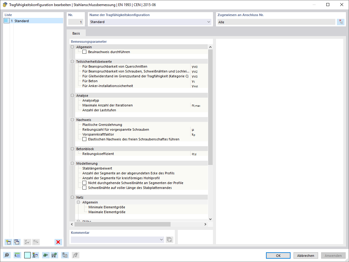 Einstellungen der Tragfähigkeitskonfiguration für die Stahlanschlussbemessung