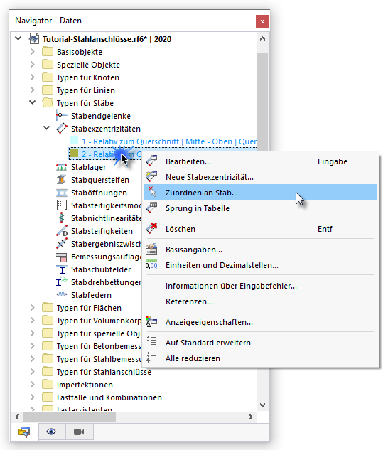 Kontextmenü zum grafischen Zuweisen der Stabexzentrizität