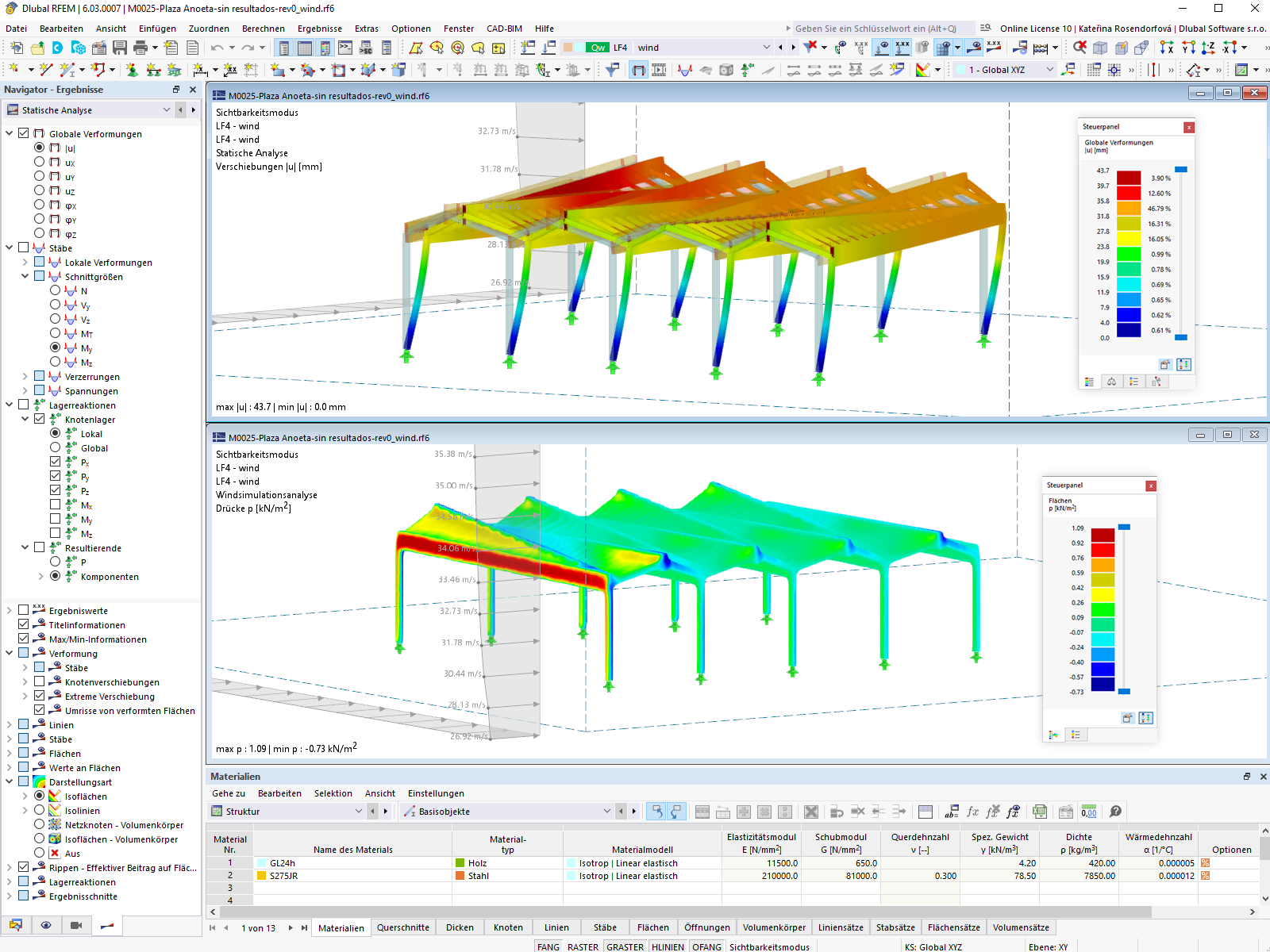 Windverformung der Dachkonstruktion in RFEM