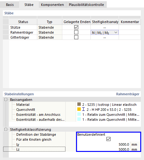 Angabe einer benutzerdefinierten Länge für die Steifigkeitsklassifizierung