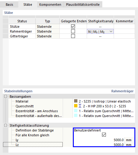 Angabe einer benutzerdefinierten Länge für die Steifigkeitsklassifizierung