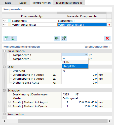 Angabe von Komponente 1 für Verbindungsmittel