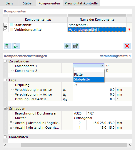 Angabe von Komponente 1 für Verbindungsmittel