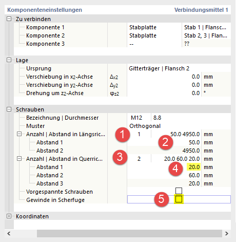 Definition von Anzahl und Abstände der Schrauben