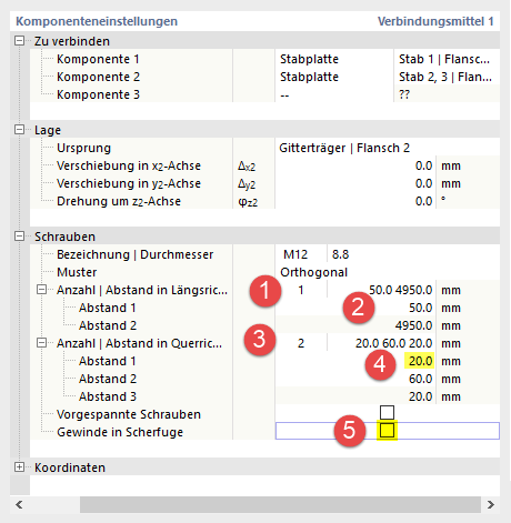 Definition von Anzahl und Abstände der Schrauben