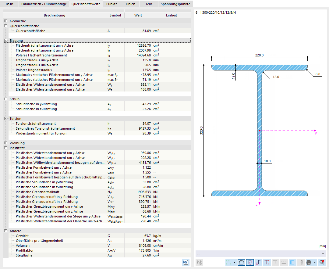 Querschnittswerte eines parametrischen Profils