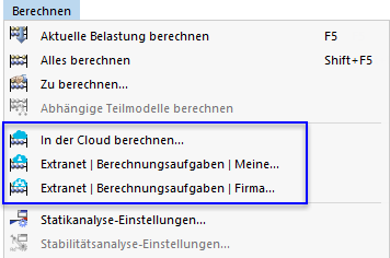 Menü 'Berechnen' für Cloud-Berechnungen