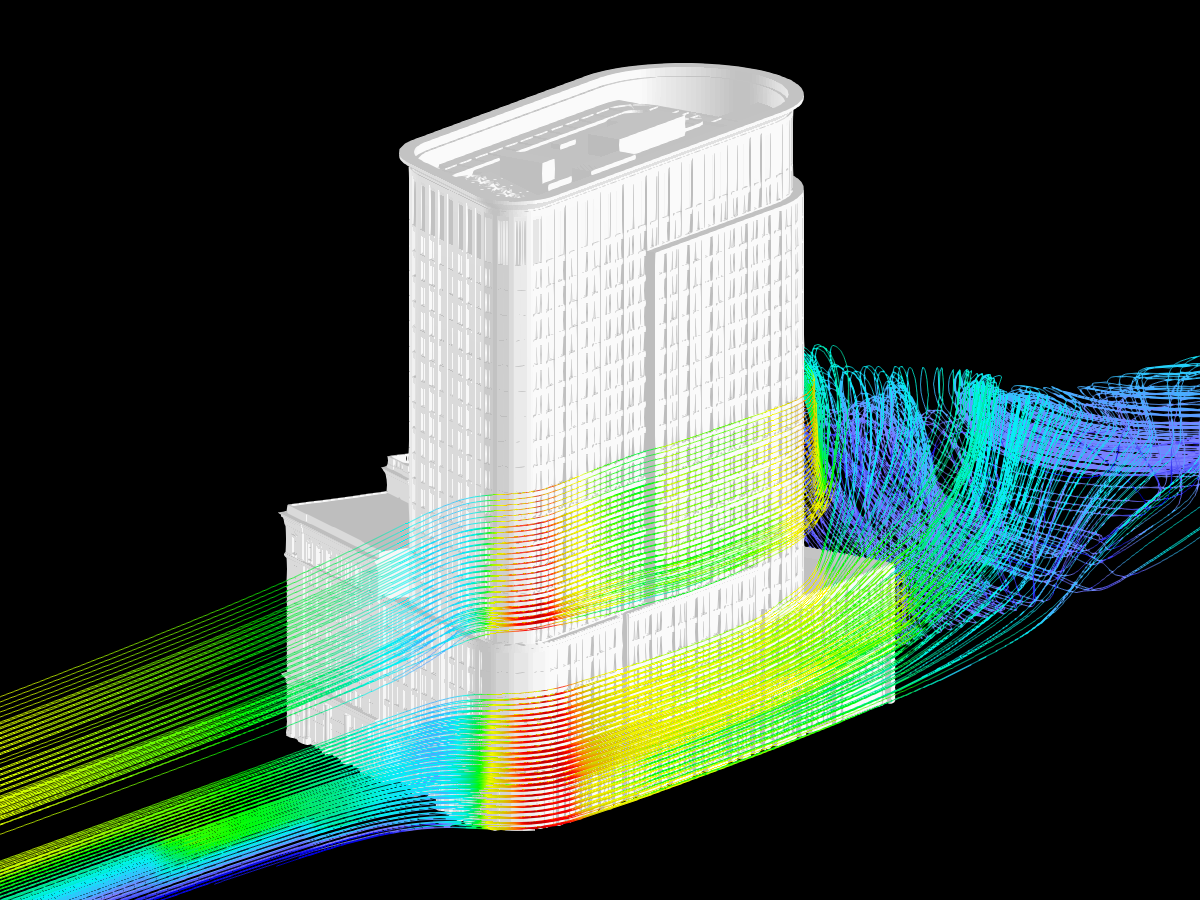 Liberty Mutual Tower und Windströmungslinien aus der Windsimulationssoftware RWIND