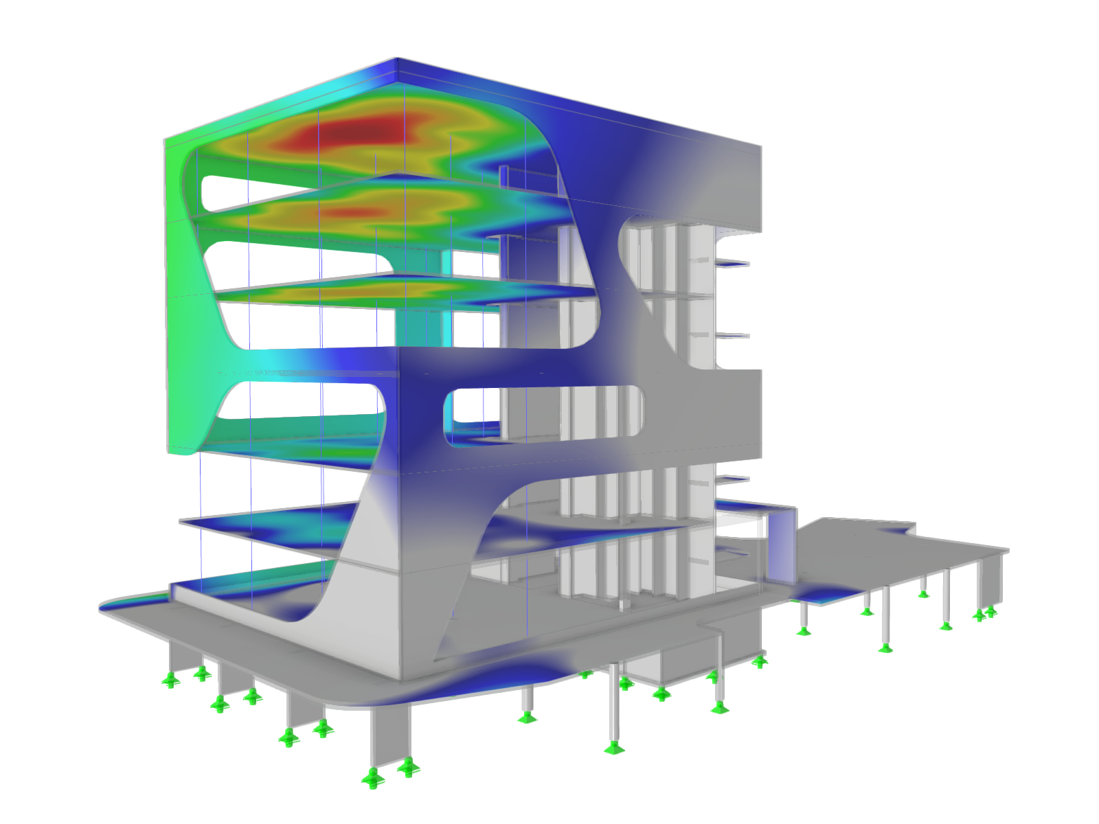 Bild des Büro- und Verwaltungsgebäudes FC Campus in Karlsruhe, Deutschland, berechnet mit der Software RFEM 6, das die Möglichkeiten für Betondesign hervorhebt.