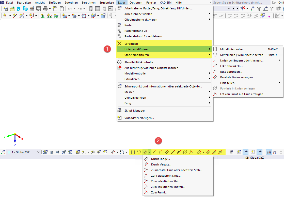 Modellierungstools im Menü 'Extras' und Schaltflächen in CAD-Symbolleiste