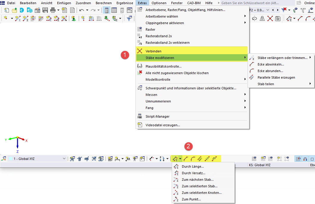 Modellierungstools im Menü 'Extras' und Schaltflächen in CAD-Symbolleiste