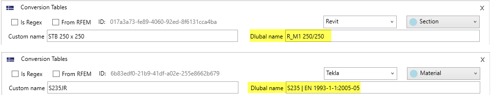 Dlubal Material- und Querschnittsname in den Revit und Tekla Konvertierungstabellen