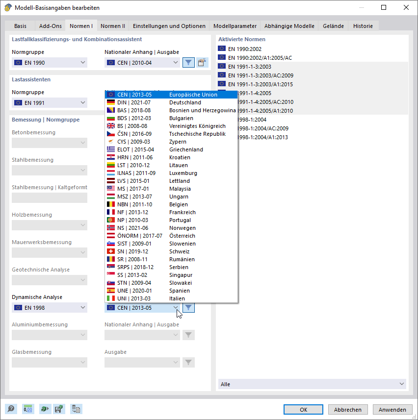Norm und Nationalen Anhang für dynamische Analyse auswählen
