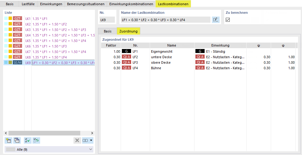Lastkombination LK9 für Modalanalyse