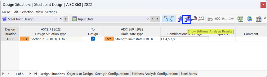 Schaltfläche "Ergebnisse der Steifigkeitsanalyse anzeigen" in der Tabellen-Symbolleiste