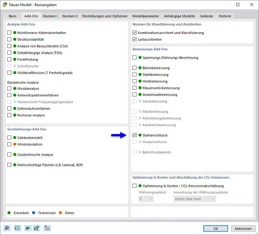 Add-On für Stahlanschlüsse aktivieren