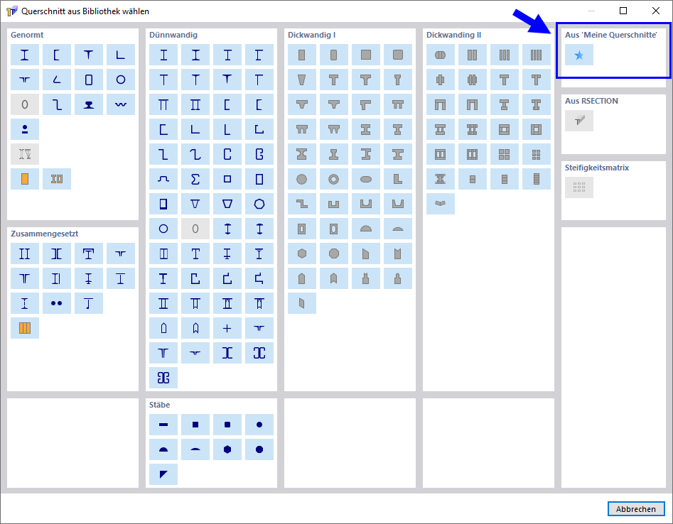 Bevorzugte Querschnitte in Bibliothek öffnen