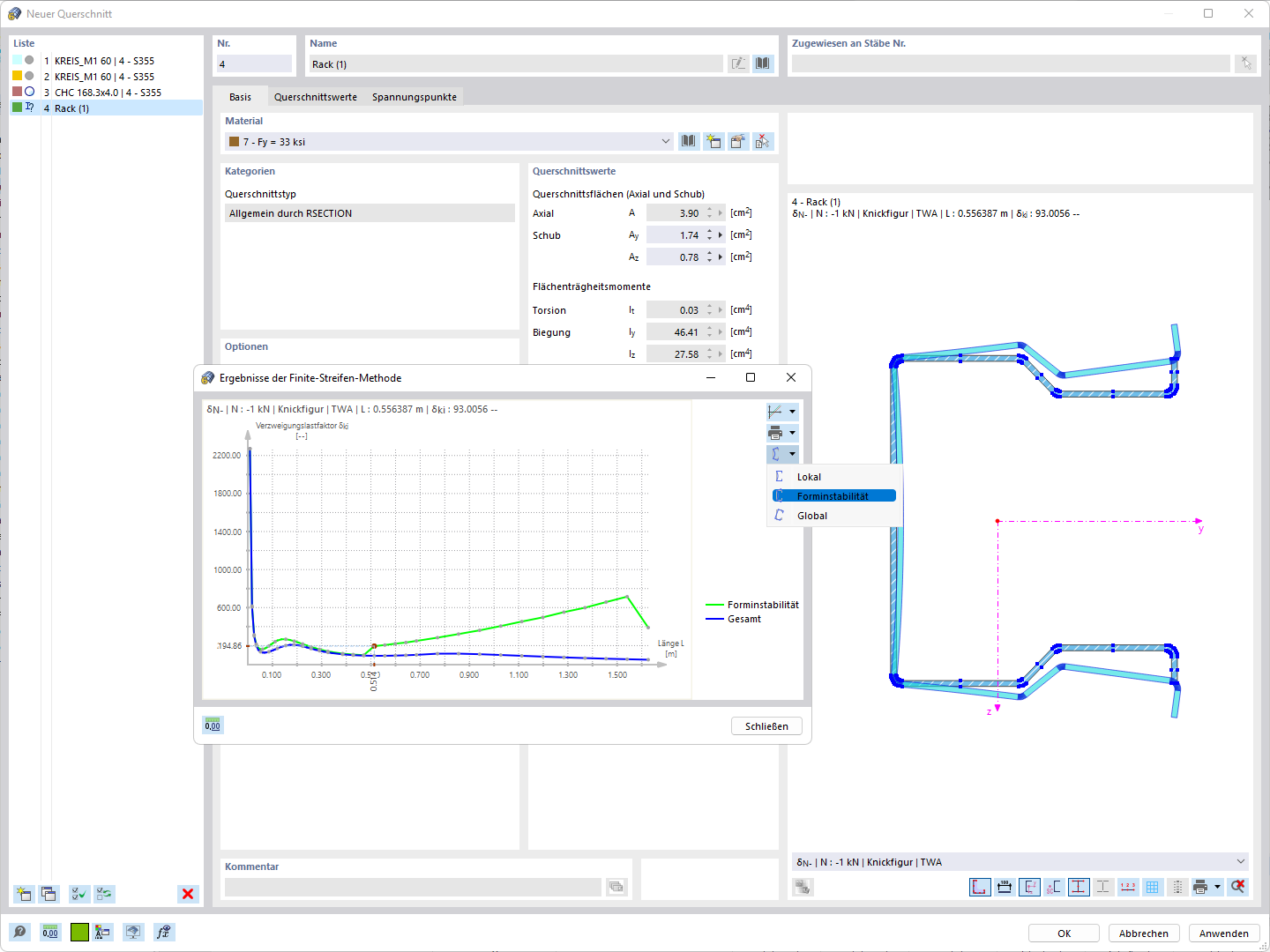 Ergebnisse der Finite-Streifen-Methode für einen dünnwandigen Querschnitt in RFEM