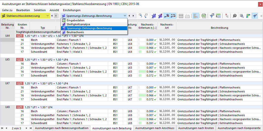 Ergebnistabellen für Stahlanschlussbemessung