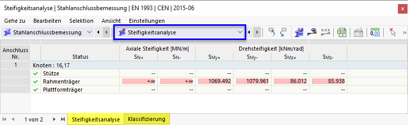 Ergebnistabellen 'Steifigkeitsanalyse' für Stahlanschlussbemessung