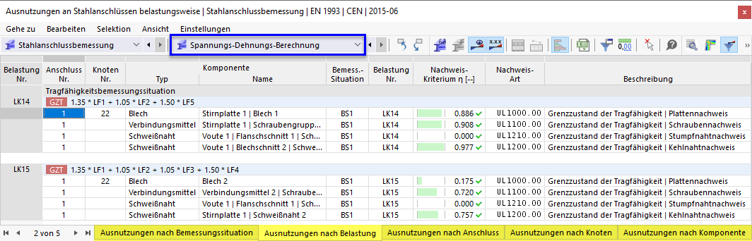 Ergebnistabellen 'Spannungs-Dehnungs-Berechnung' für Stahlanschlussbemessung