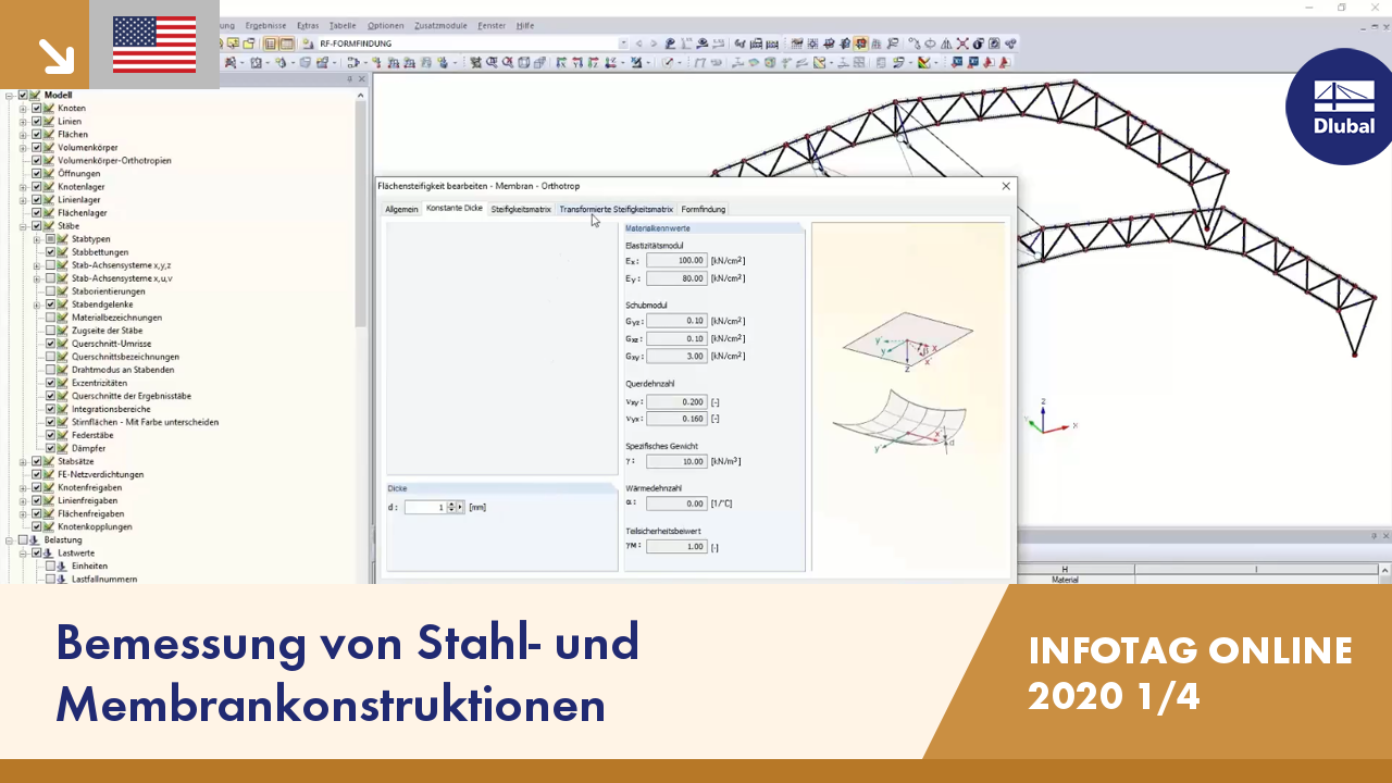 Ein computergestütztes Bemessungsprogramm, das eine Benutzeroberfläche für Stahl- und Membrankonstruktionen mit mehreren Symbolleisten und einem 3D-Modell darstellt.