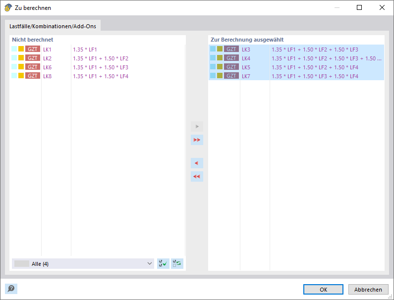 Lastkombinationen für Spannungs-Dehnungs-Berechnung auswählen