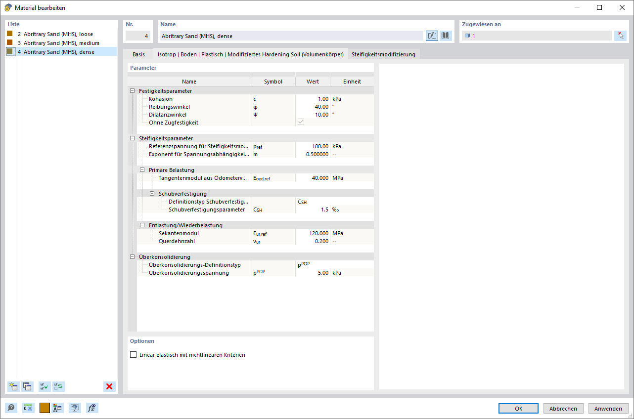 Eingabedialog - Modifiziertes Hardening Soil Modell