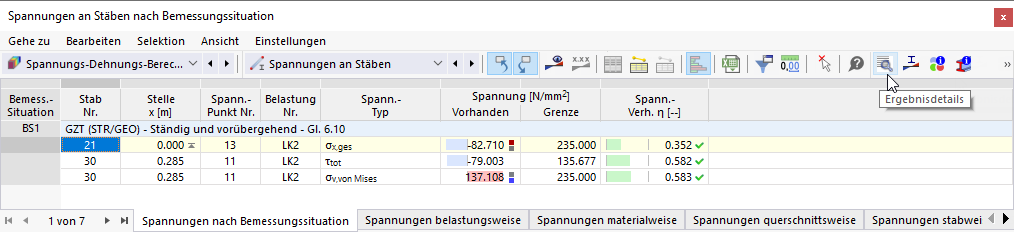 Schaltfläche 'Ergebnisdetails' in Tabellen-Symbolleiste