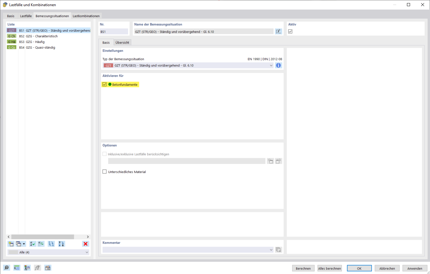 Betonfundamente | Bemessungssituation aktivieren