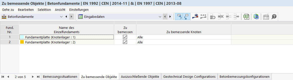 Betonfundamente | Zu bemessende Objekte Tabelle