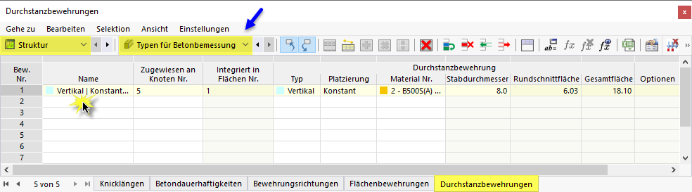 Durchstanzbewehrung über Tabelle definieren