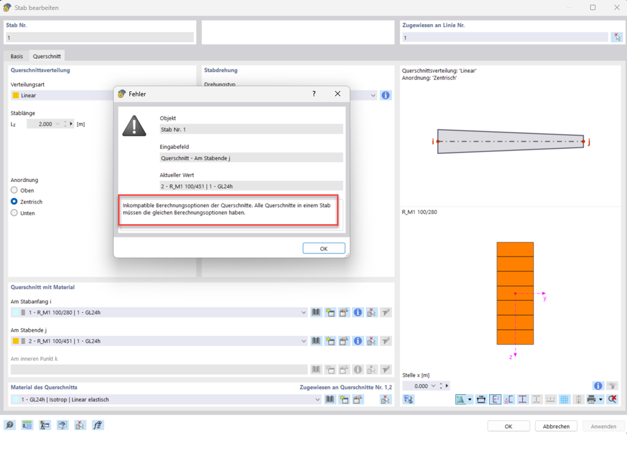 FAQ 005585 | Was bedeutet die Fehlermeldung "Inkompatible Berechnungsoptionen" an Stäben mit linearer Querschnittsverteilung (Vouten)?