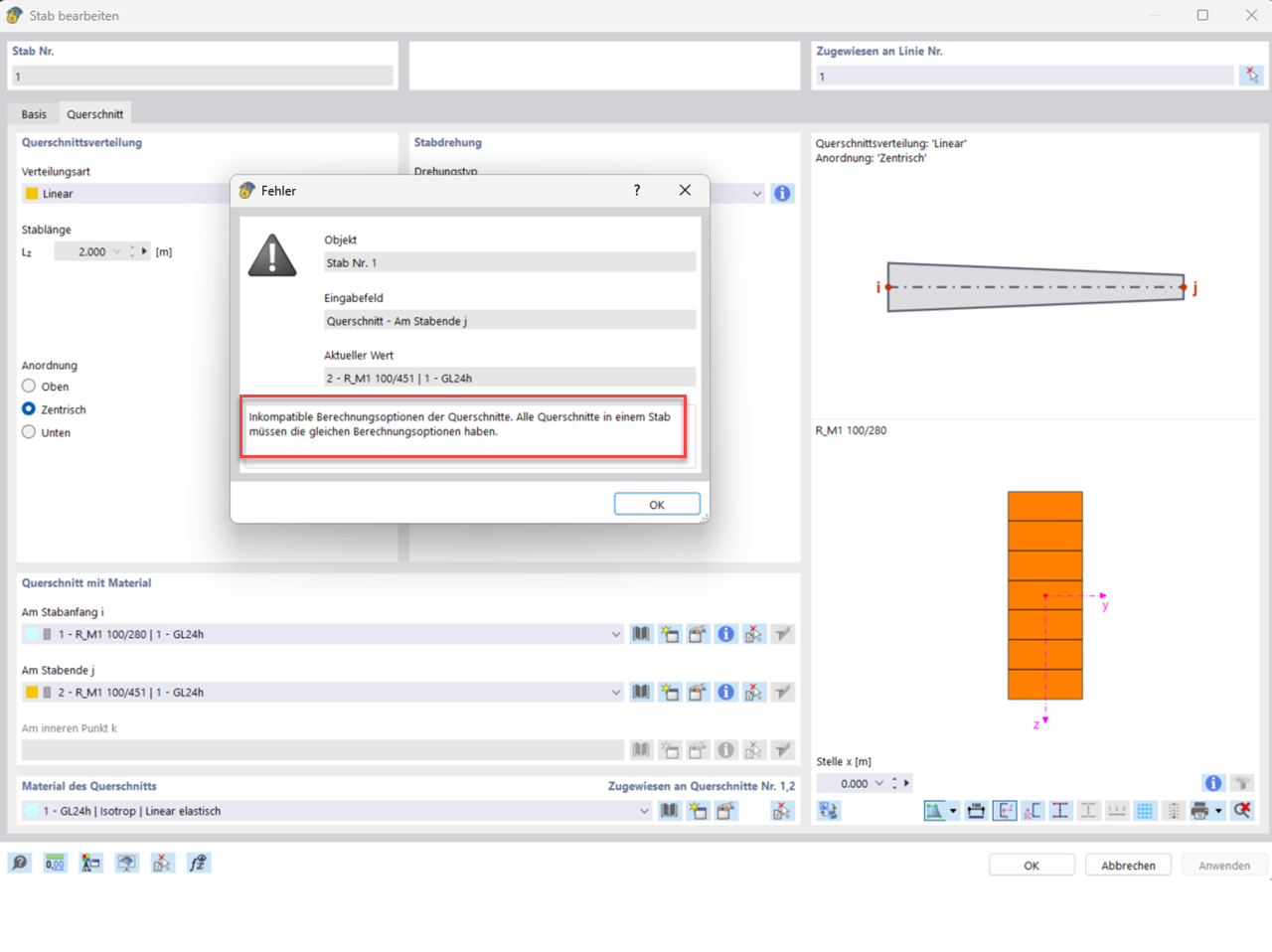 FAQ 005585 | Was bedeutet die Fehlermeldung "Inkompatible Berechnungsoptionen" an Stäben mit linearer Querschnittsverteilung (Vouten)?