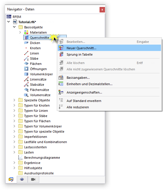 Kontextmenü für "Querschnitte".