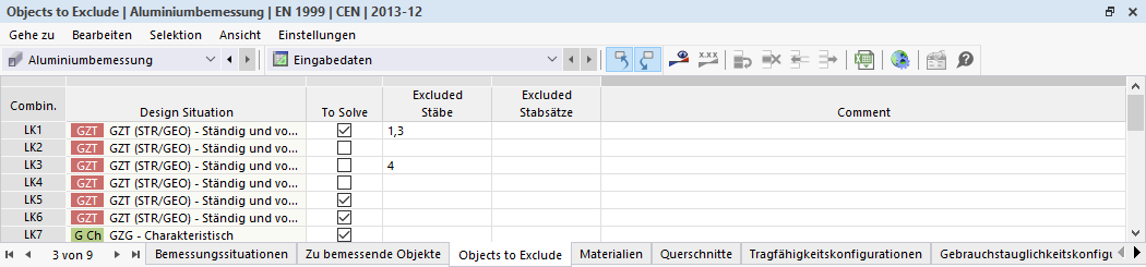 Eingabetabelle für kombinationsweise von der Bemessung auszuschließende Objekte in der Aluminiumbemessung