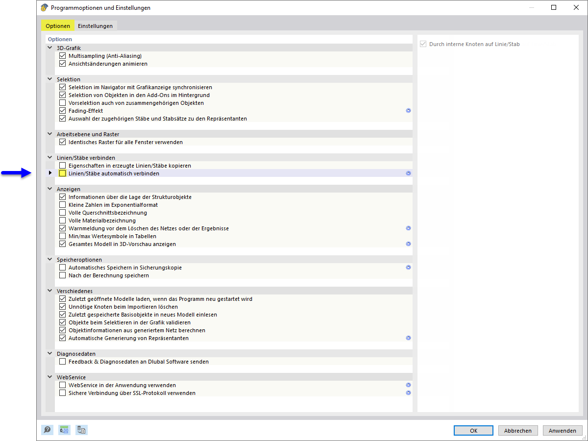 Programmoptionen – Linien/Stäbe automatisch verbinden