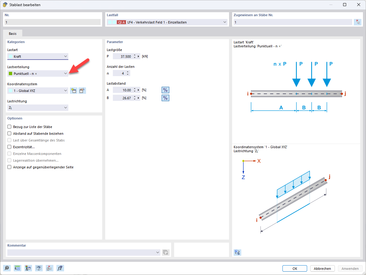 Stablast bearbeiten - Lastart: Kraft - Lastverteilung: Punktuell - n x