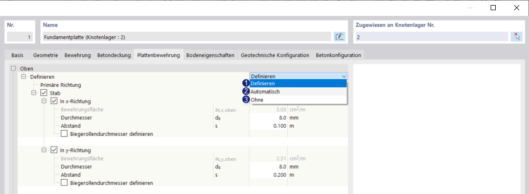 Betonfundamente | Bewehrungsstäbe Definieren Drop-down Menü