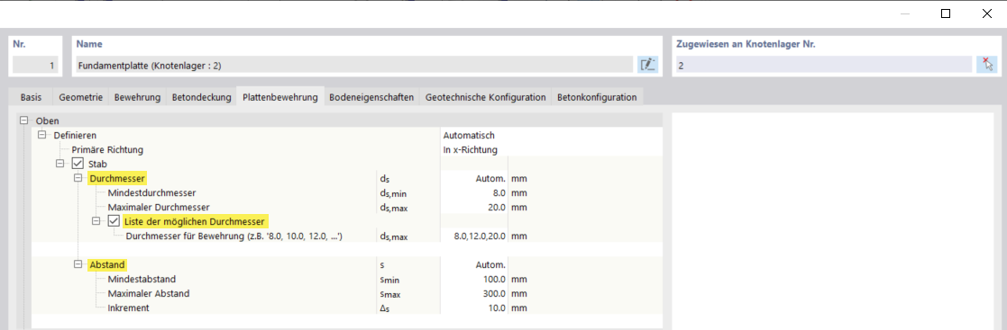 Betonfundamente | Bewehrungsstäbe automatisch definieren