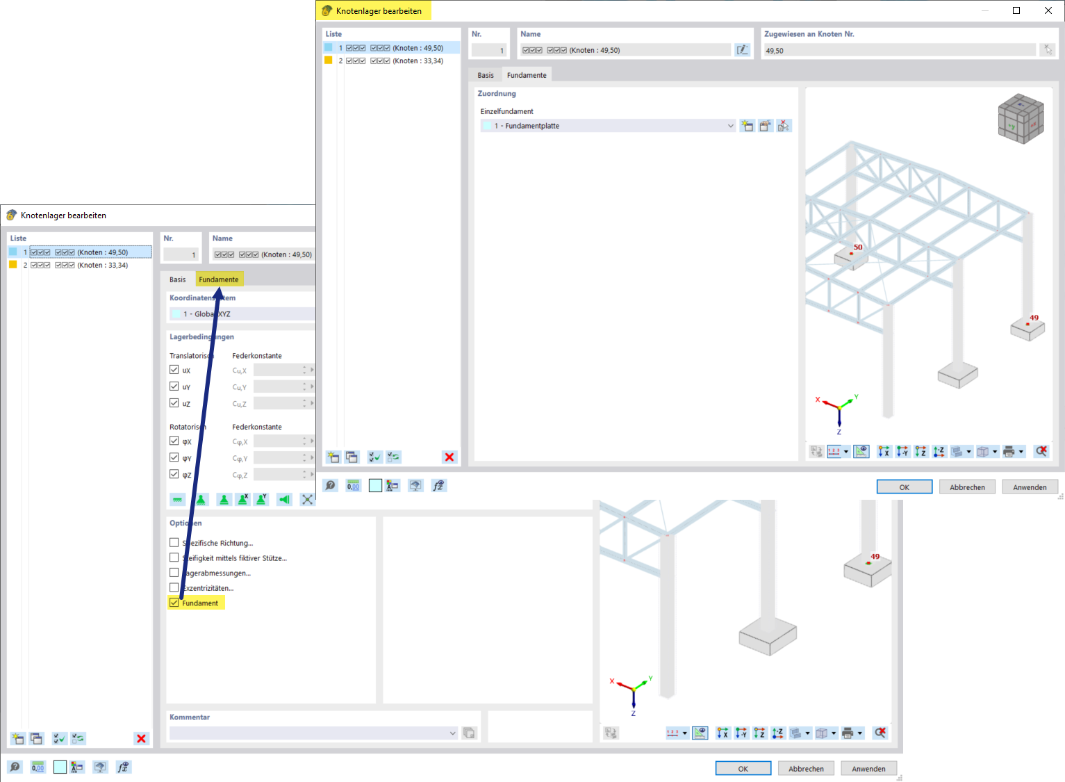 Betonfundamente | Register Fundament in Dialog Knotenlager