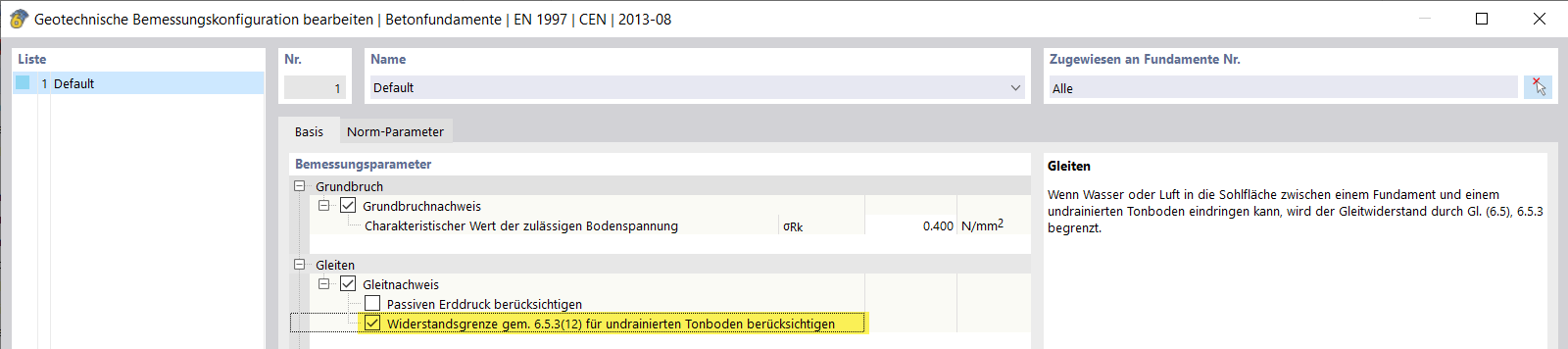 Betonfundamente | Widerstandsgrenze gem. 6.5.3(12) für undrainierten Tonboden berücksichtigen