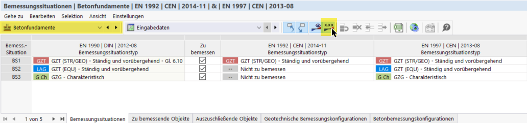 Betonfundamente | Bemessung mit Schaltfläche in Tabelle starten
